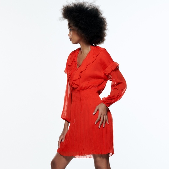 Mini Chiffon Ruffle Lace Up Dress Red - Picture 3 of 11